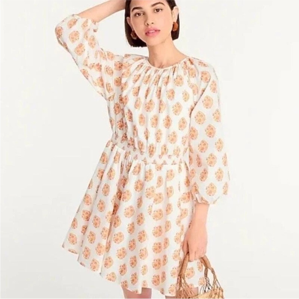 J. Crew Smocked-Waist Mini Dress in Gathered Floral Orange‎ Block Print Size M